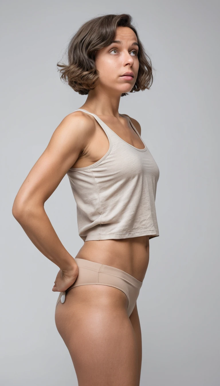 Woman in tank top posing on plain light gray background