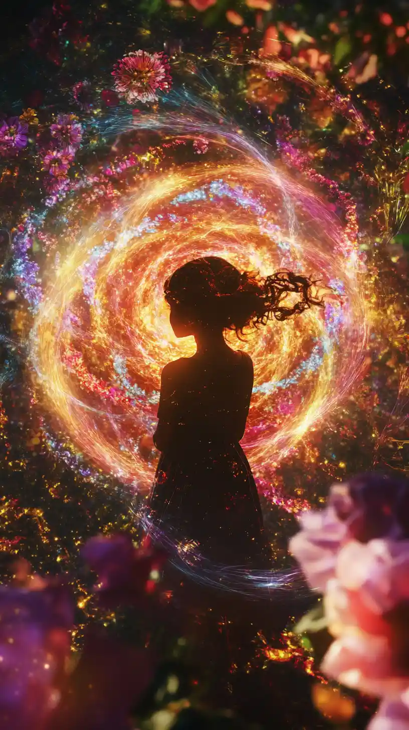 Surreal girl blooming among luminous fractal flowers