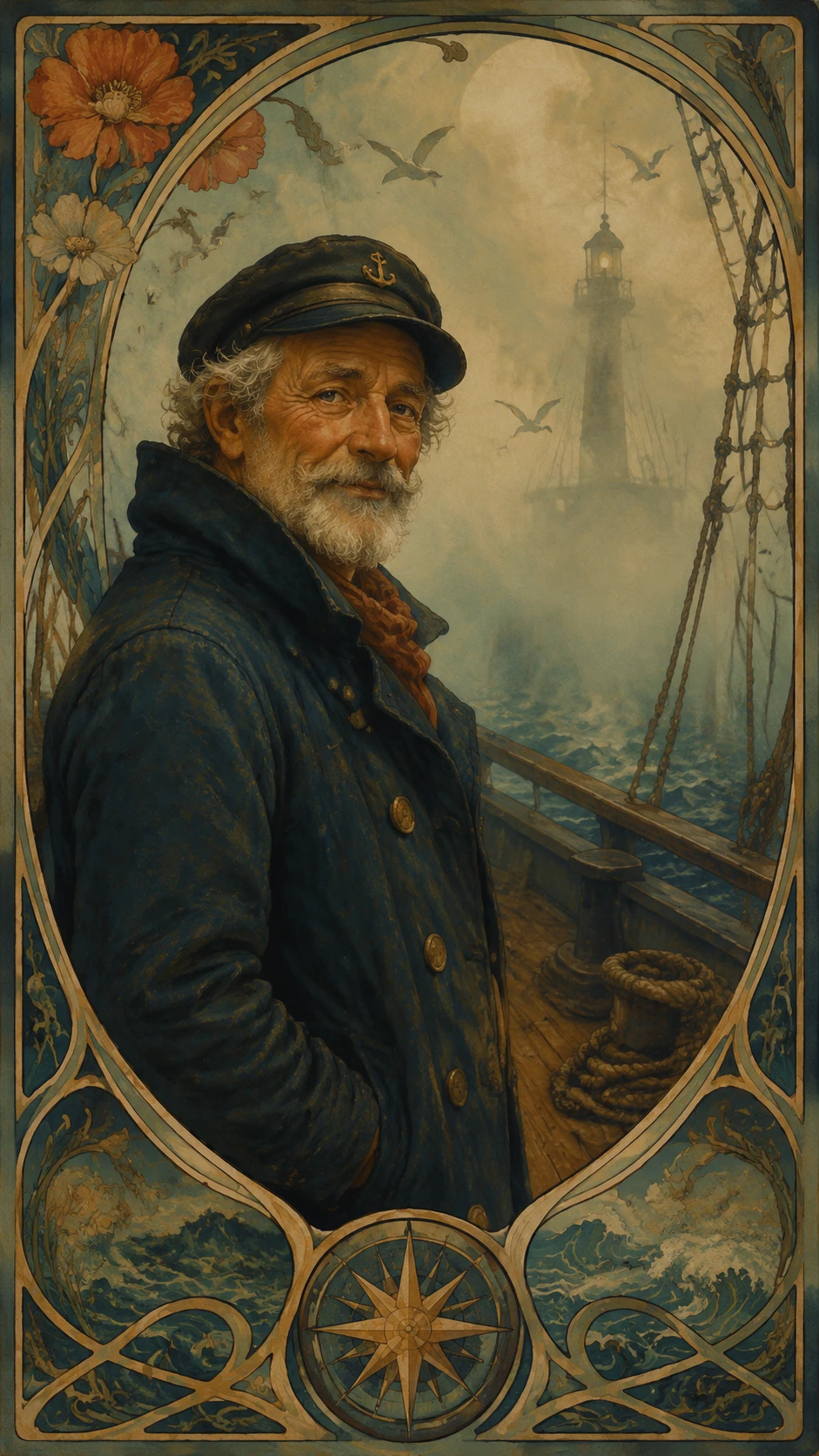 Vintage sailor on a foggy ship deck in art nouveau style
