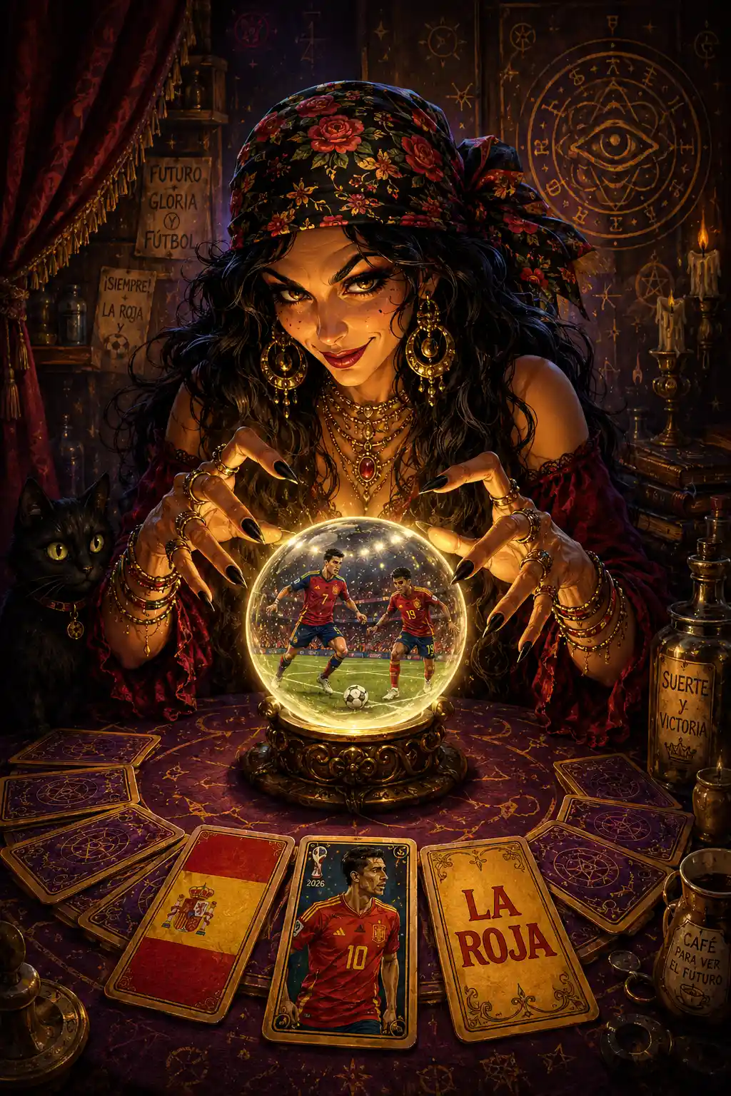 Whimsical fortune teller with glowing crystal ball and tarot cards