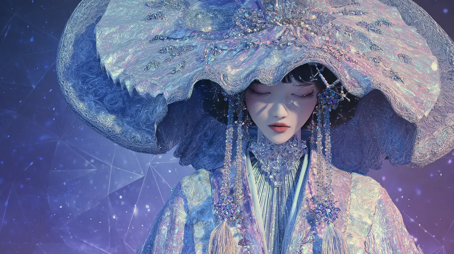 Mystical anime witch in celestial hat and luxury robes