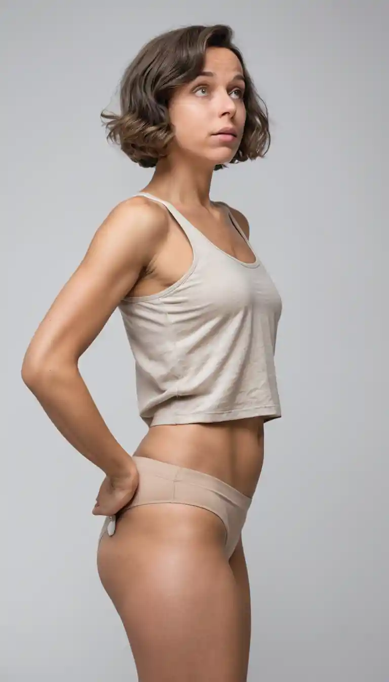 Woman in tank top posing on plain light gray background
