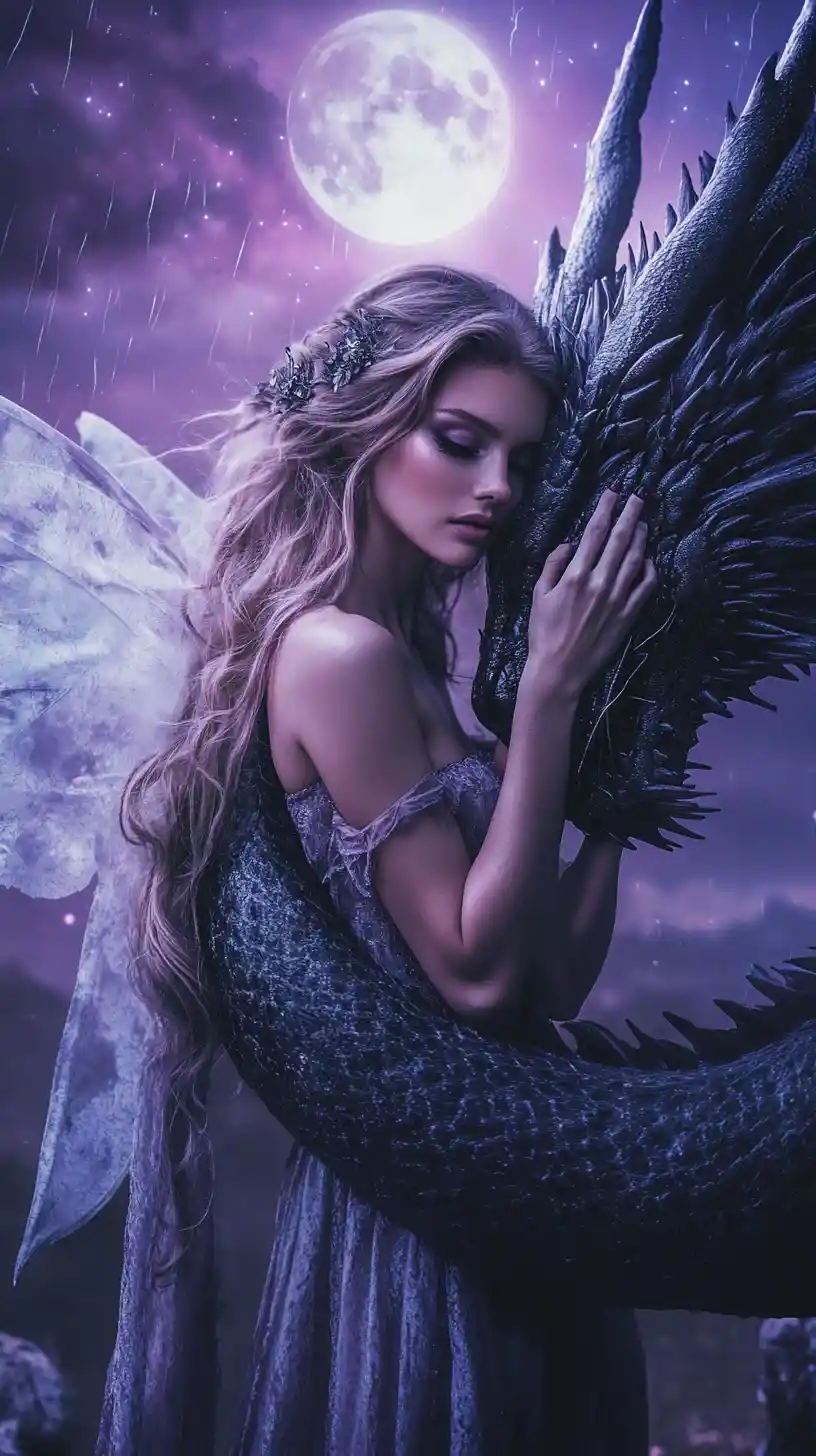 Fantasy woman and dragon under a stormy full moon