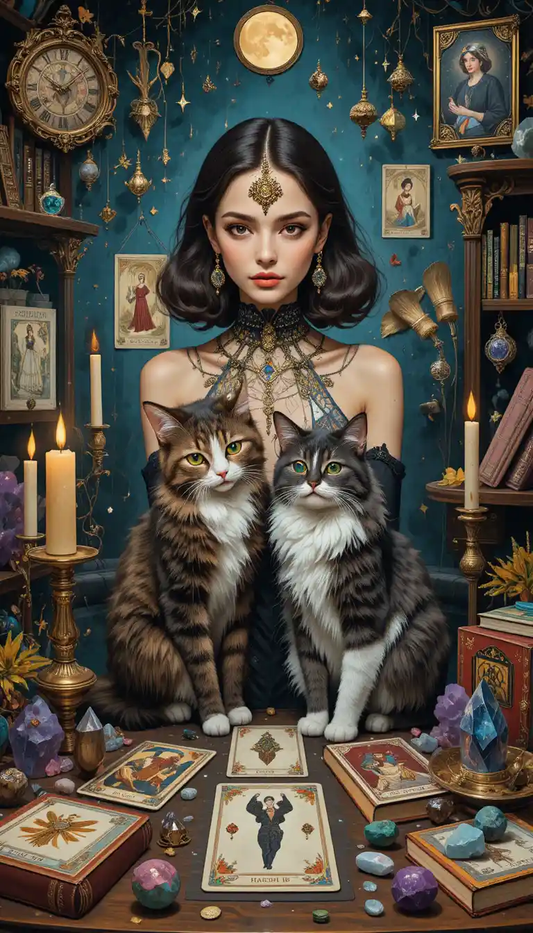 Stylish woman and cat in a mystical tarot room