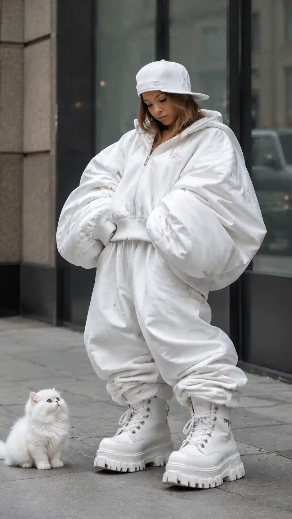 Petite woman in oversized white streetwear on city sidewalk