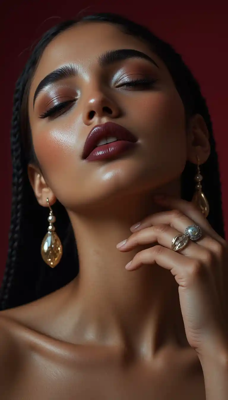 Extreme close up of a woman with braids and plum lips