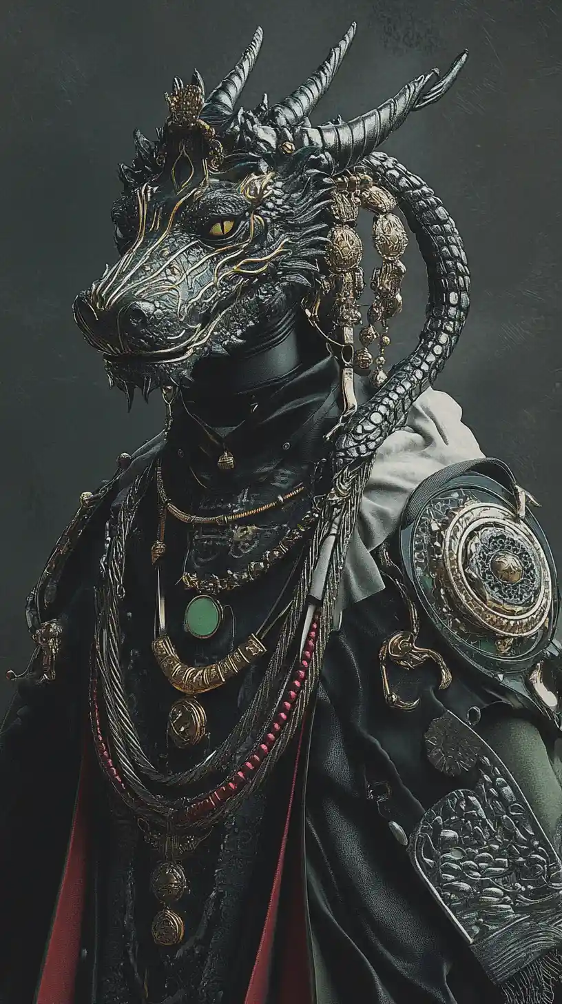 Ornate figure with layered jewelry and coiled dragon