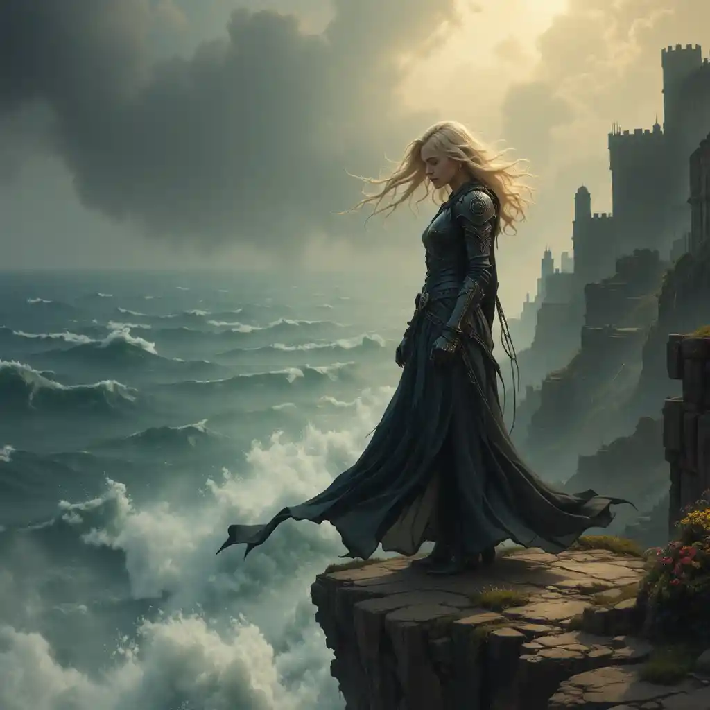 Blonde warrior woman on a cliff above a stormy sea