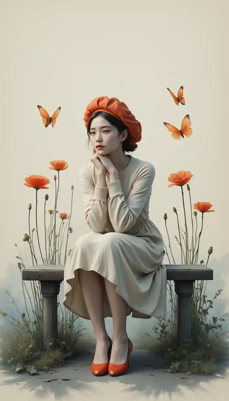 Woman in red beret sitting pensively among tall poppies