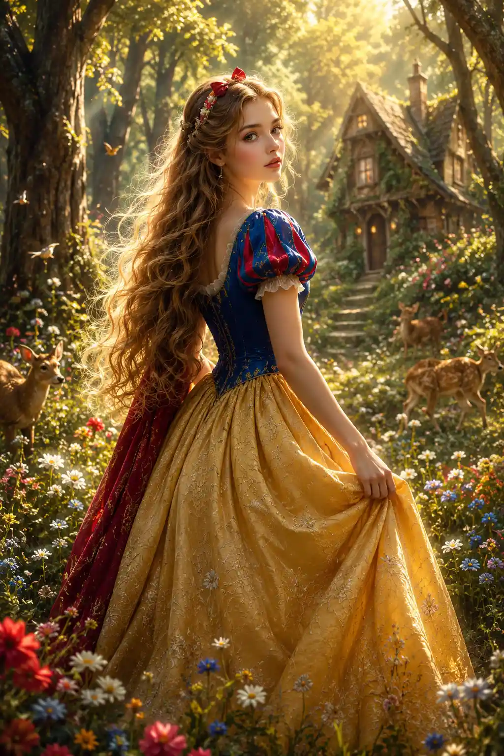 Ethereal woman with golden hair in a sunlit forest