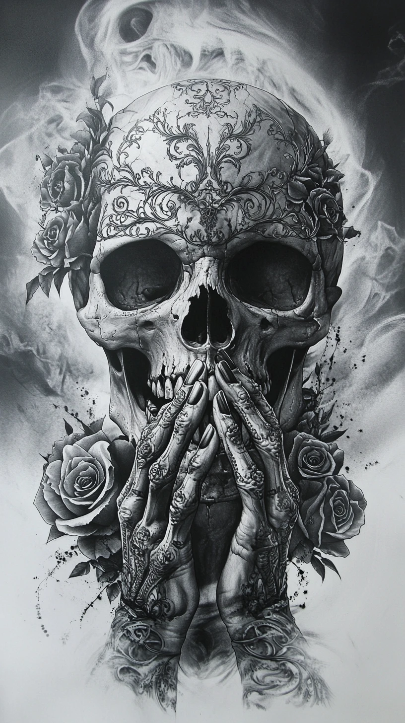 Gothic skull with clasped skeletal hands and blooming roses