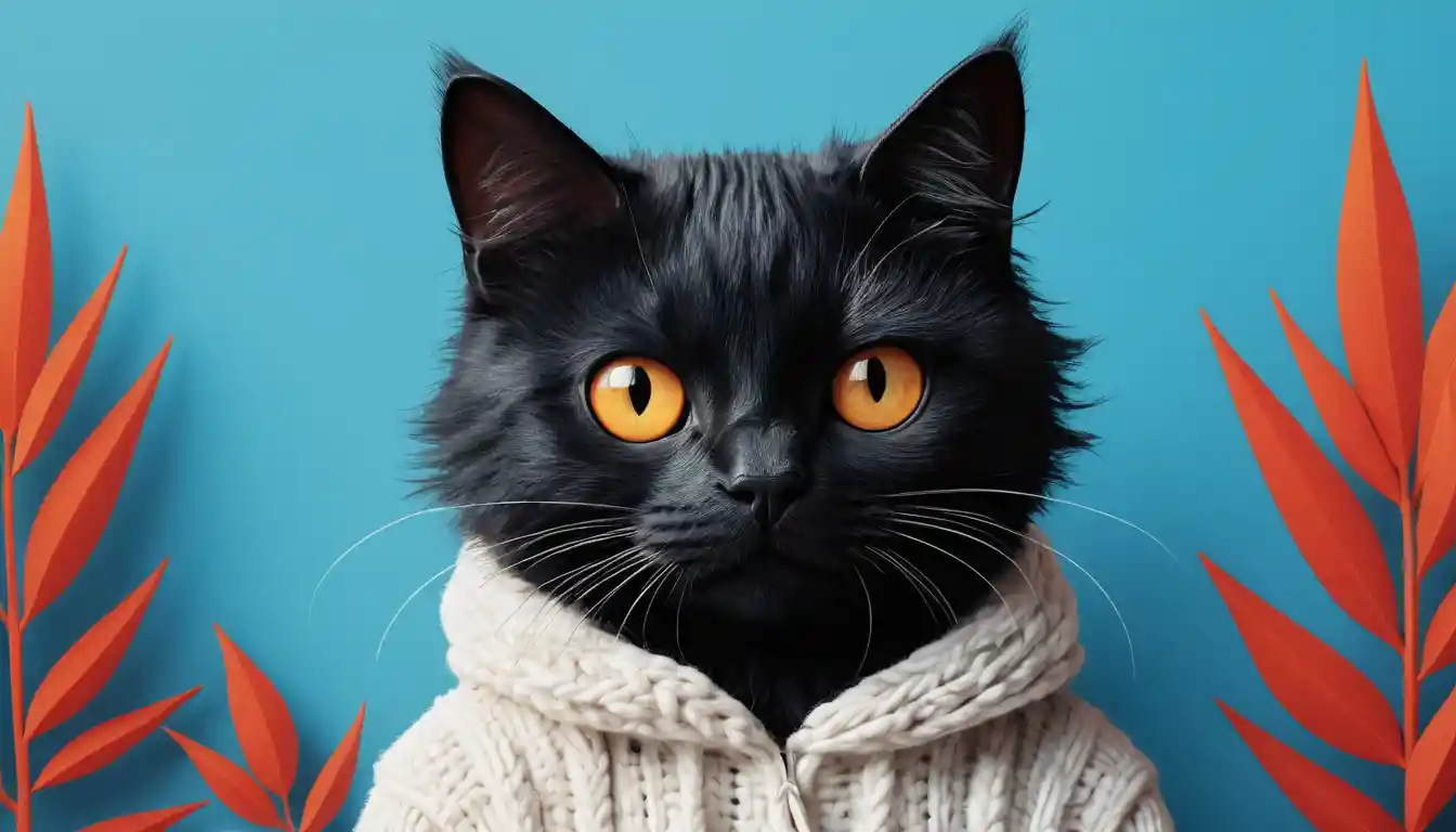 Black cat with wide white eyes on blue background