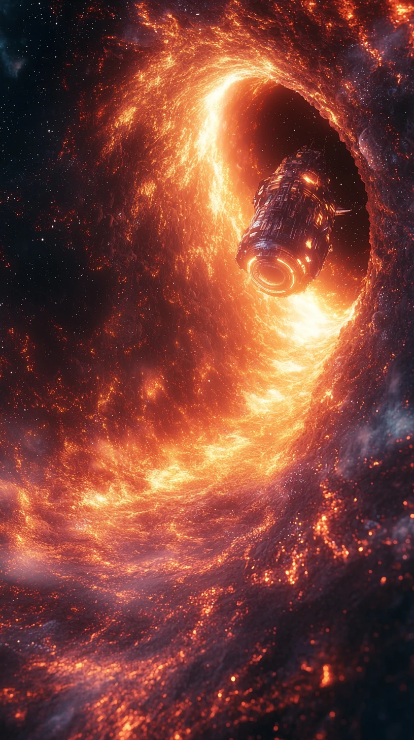 Surreal spaceship crossing dimensions in a warped cosmic void