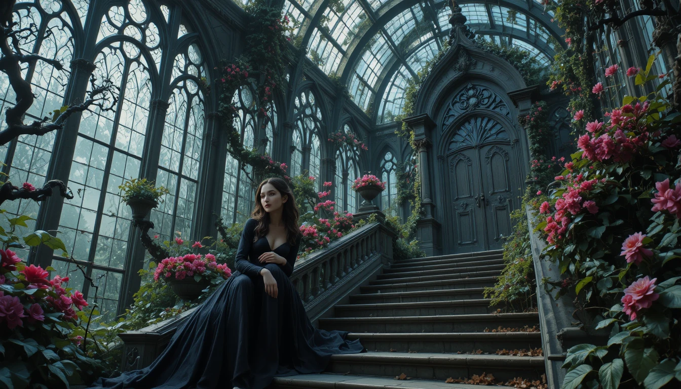 Gothic woman with black rose before a moonlit mausoleum
