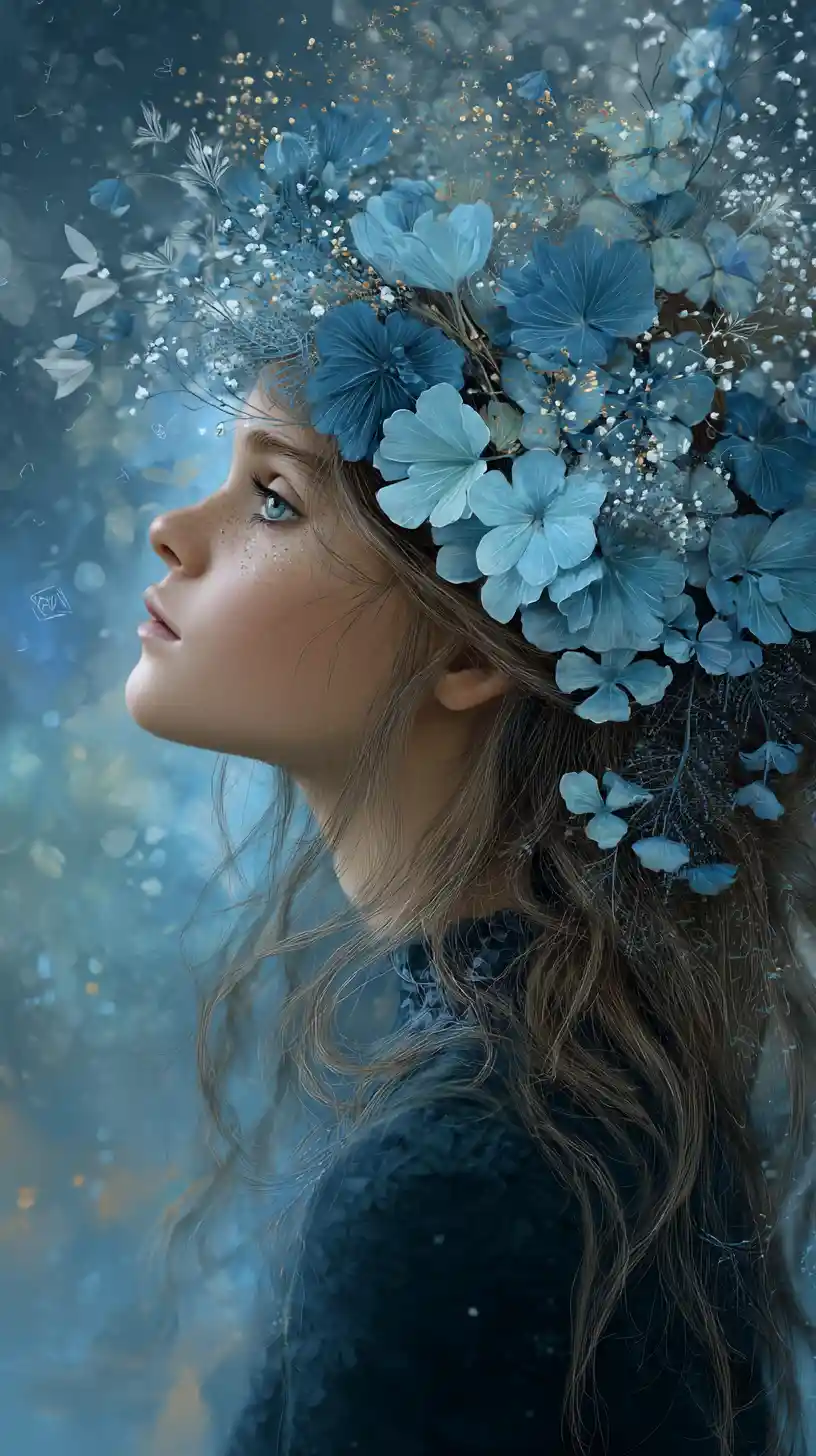 Dreamy portrait of a young woman with floral veil