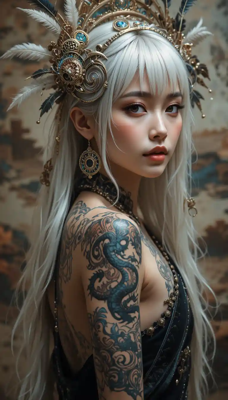 Full body asian woman with dragon tattoo and feathered headdress