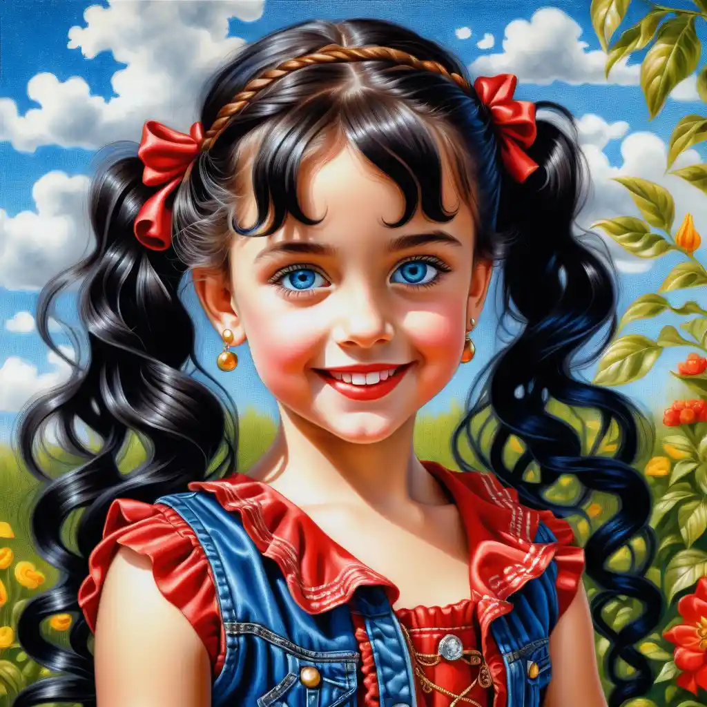 Smiling little girl with long curly hair in gold blouse