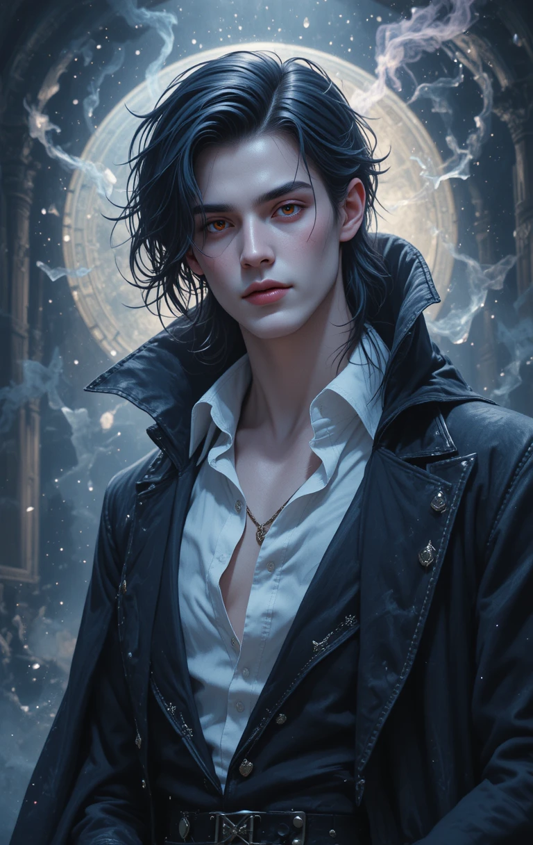 Young vampire prince with pale skin and ruby red eyes