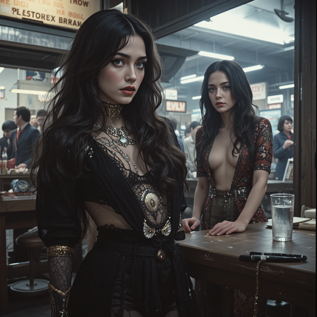Vintage portrait of a mysterious woman inspired by 1970s cinema
