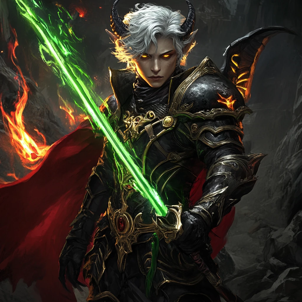 Cavaliere tiefling dai capelli d’argento con spada verde fiammeggiante