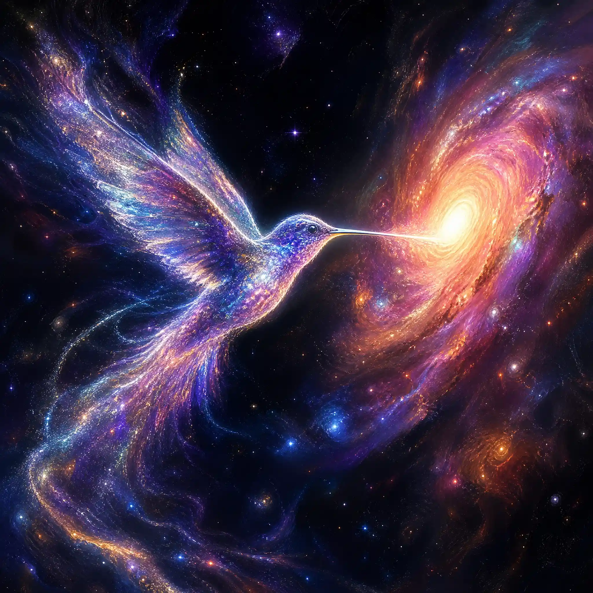 Celestial hummingbird of stardust drifting in deep space