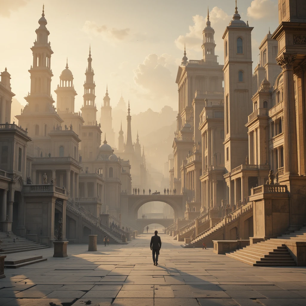 Surreal impossible city of merging ancient and futuristic architecture
