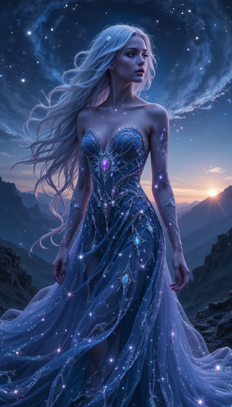 Mystical woman with violet eyes in a cosmic twilight scene