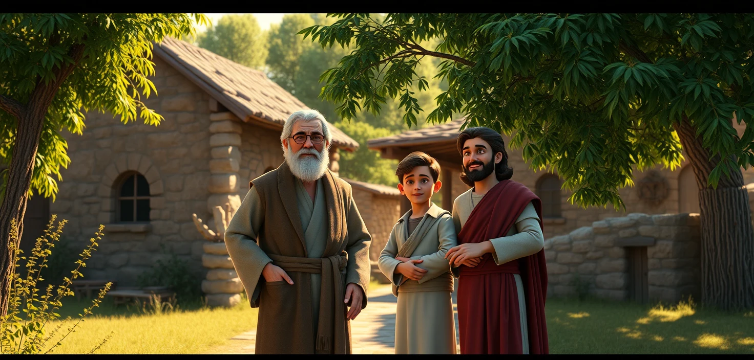 Peaceful Village Family Standing Outside Stone House