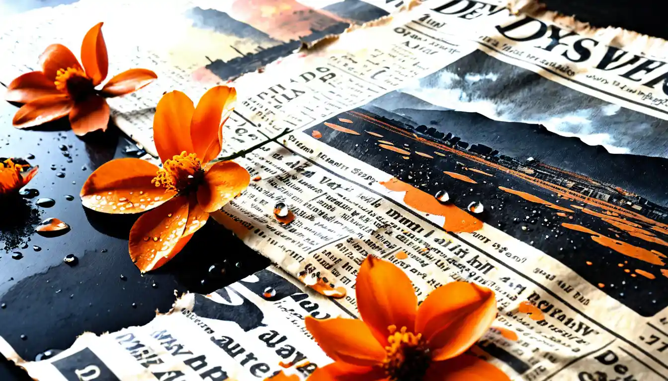 Close up of torn newspaper with paint splatters and dewdrops