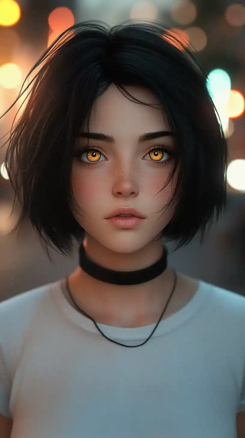 Anime girl portrait with yellow eyes on city street