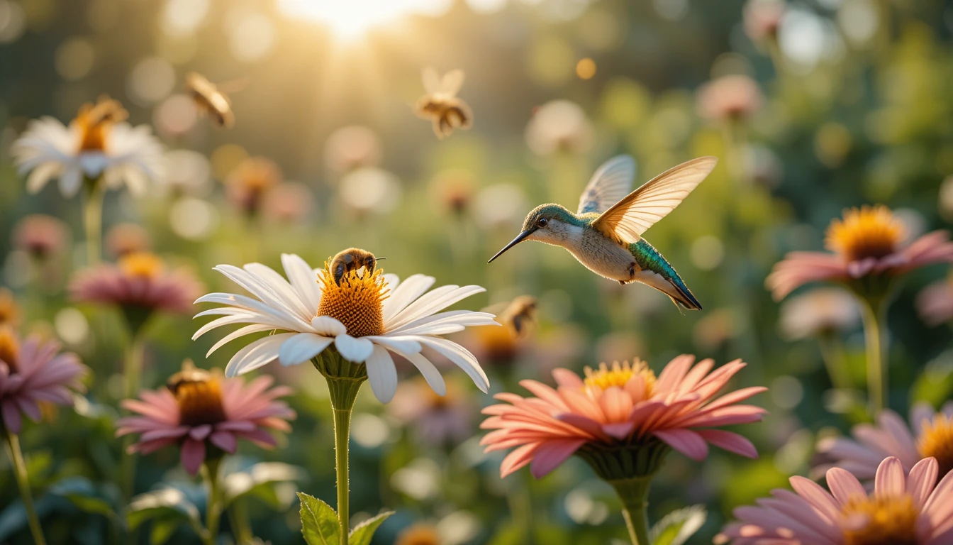 Close up bees gathering nectar among colorful garden flowers