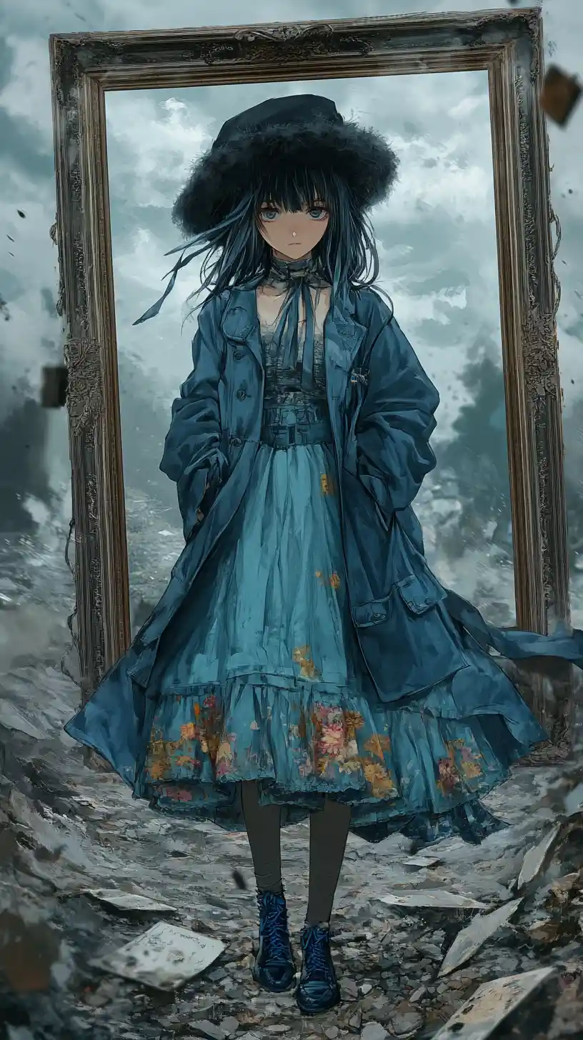 Anime girl in a crumbling fantasy world with distant frame