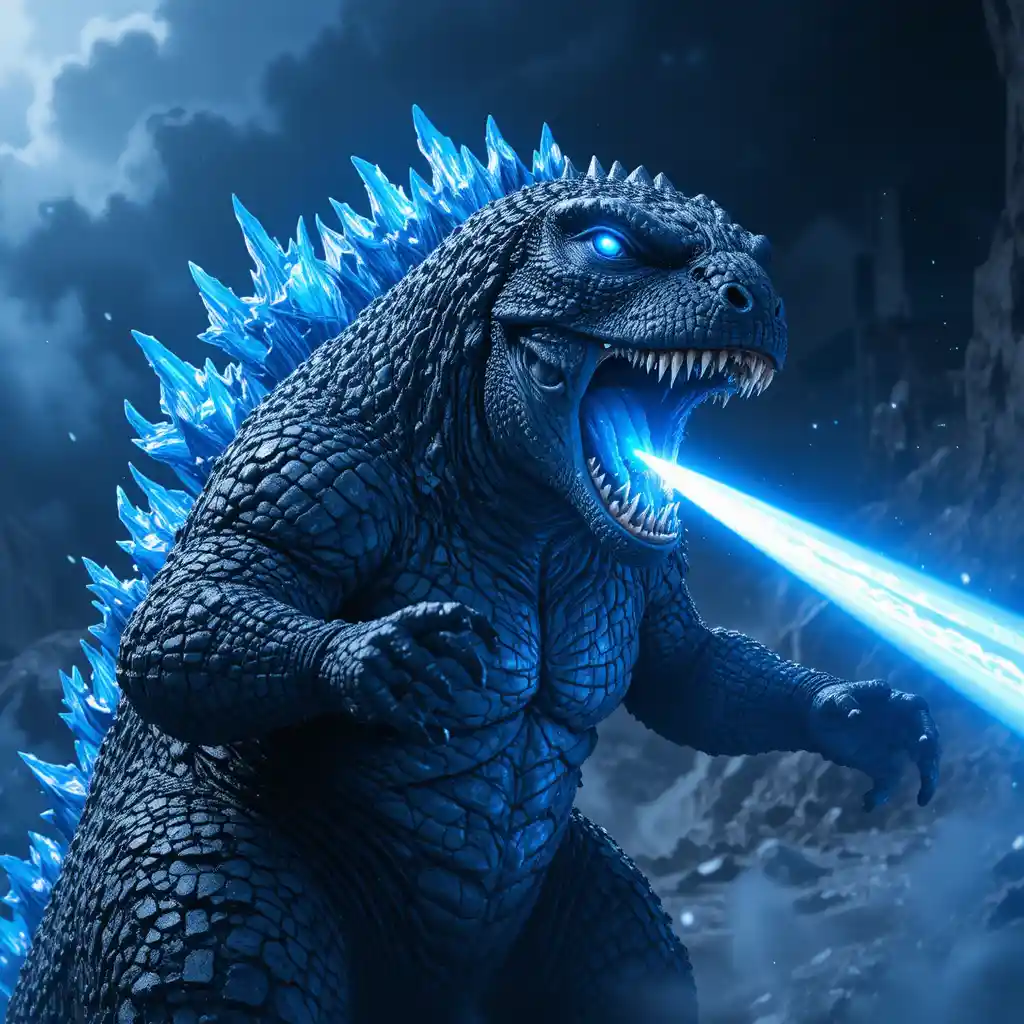 Powerful blue monster unleashing a laser breath attack
