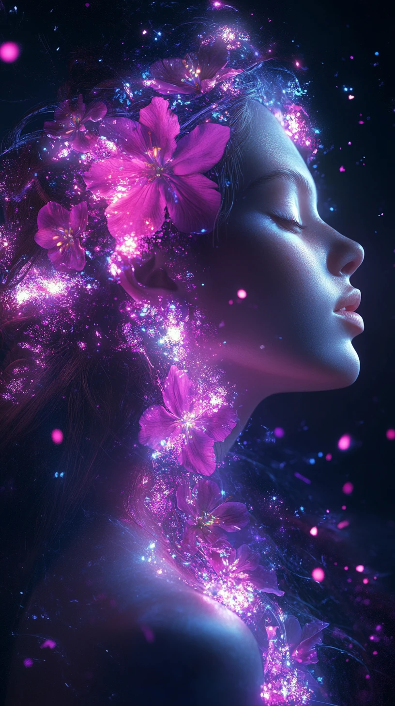 Serene woman in profile with glowing cosmic flowers