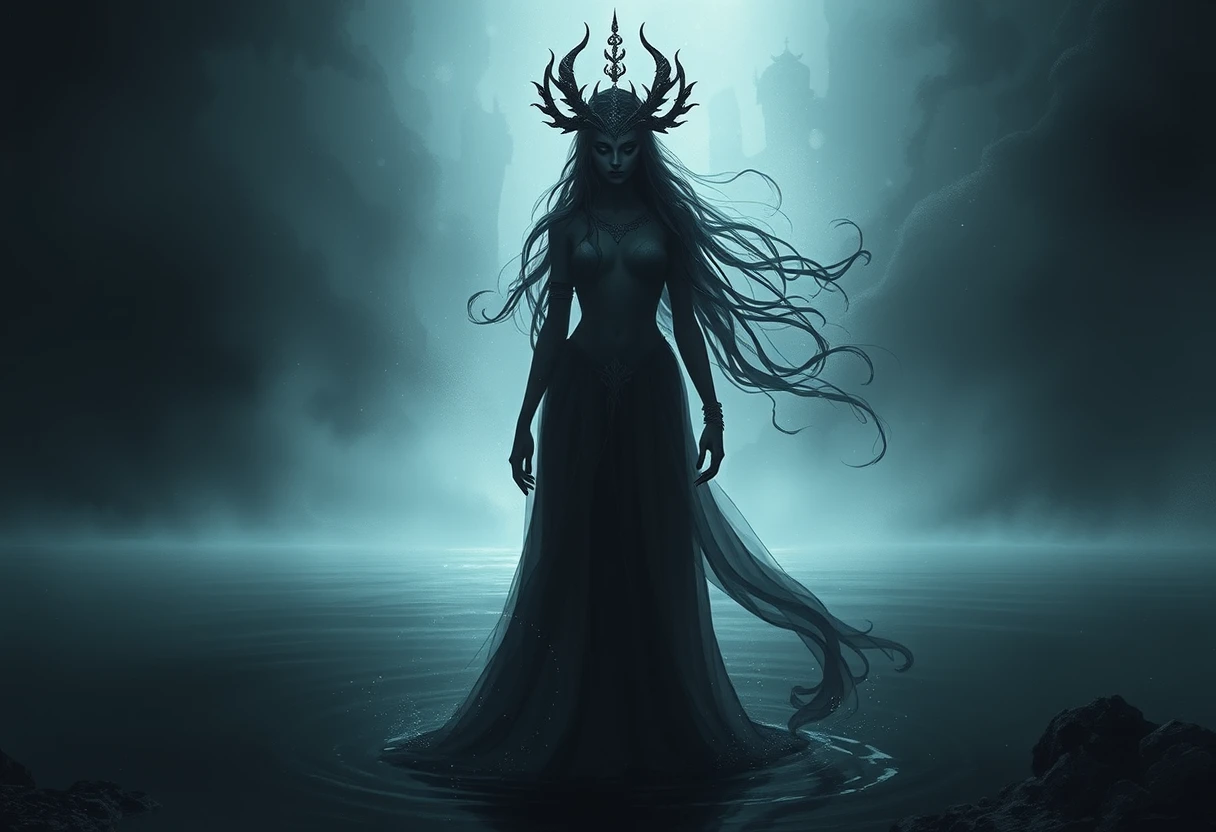 Mystical dark goddess standing alone in shadowed depths