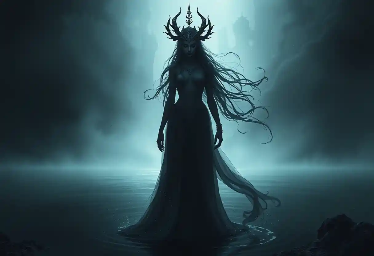 Mystical dark goddess standing alone in shadowed depths