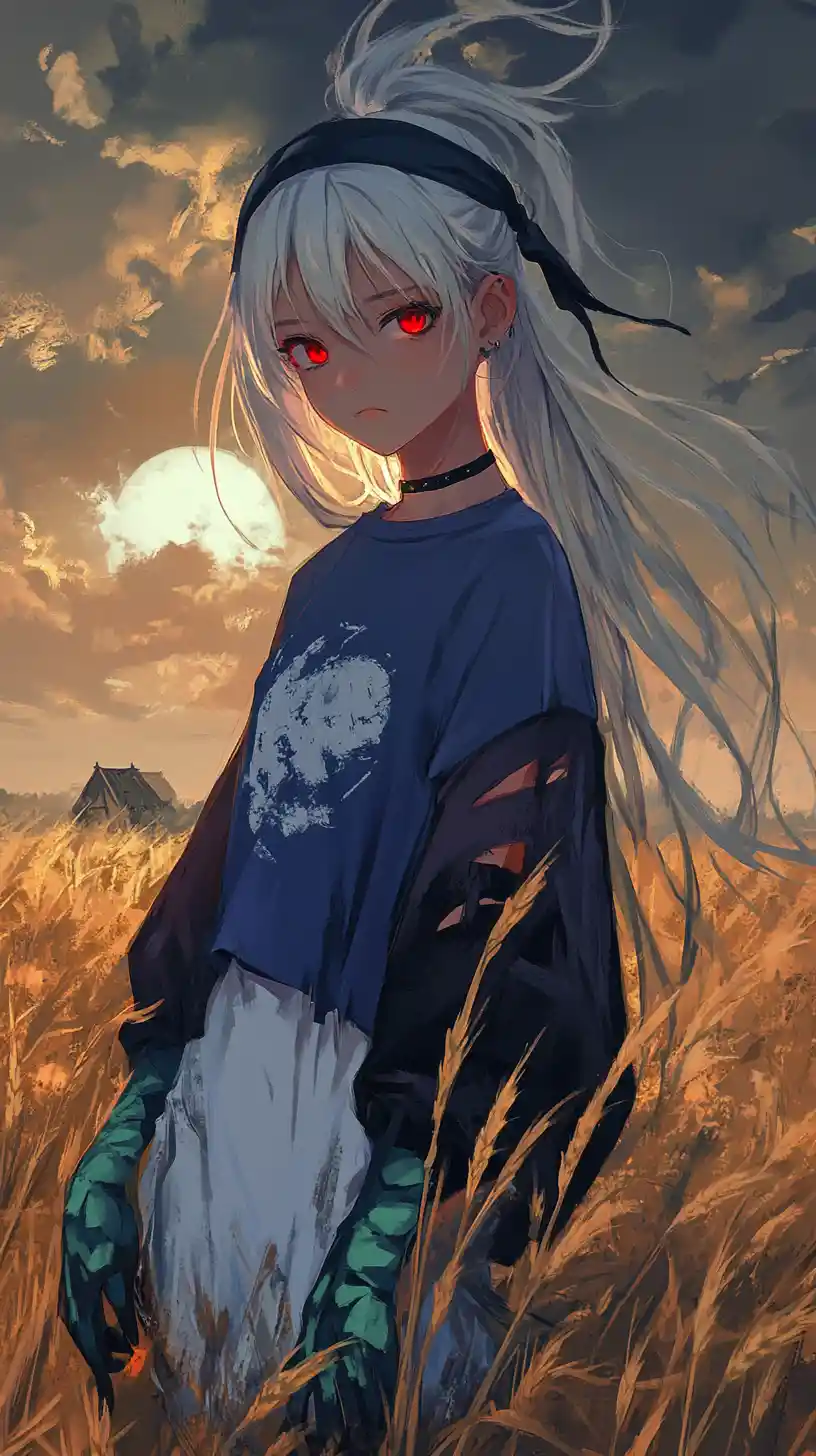 Anime girl in a dark dreamland with ghosts and ravens