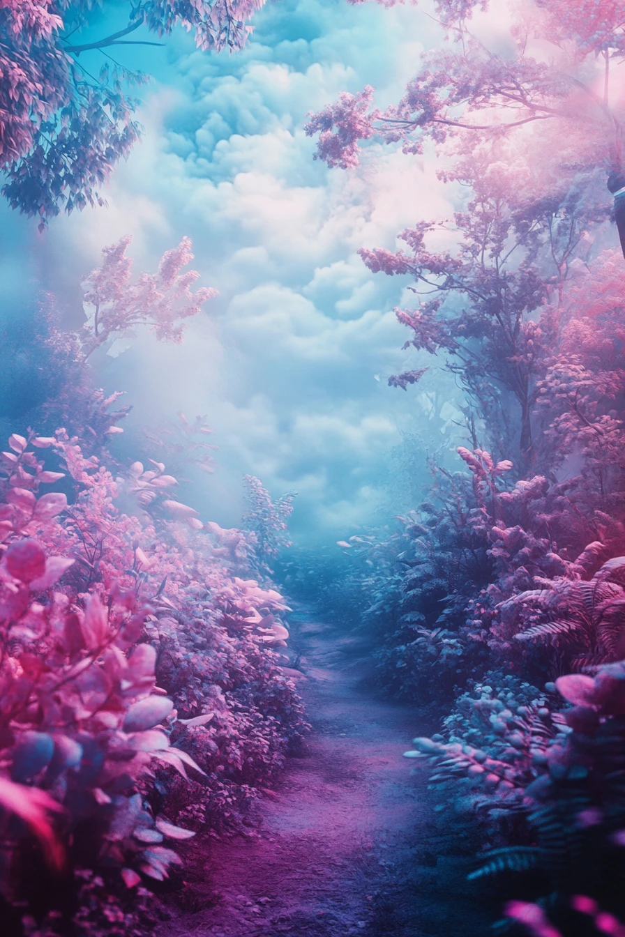 明亮粉彩奇幻色調的愉悅超現實風景