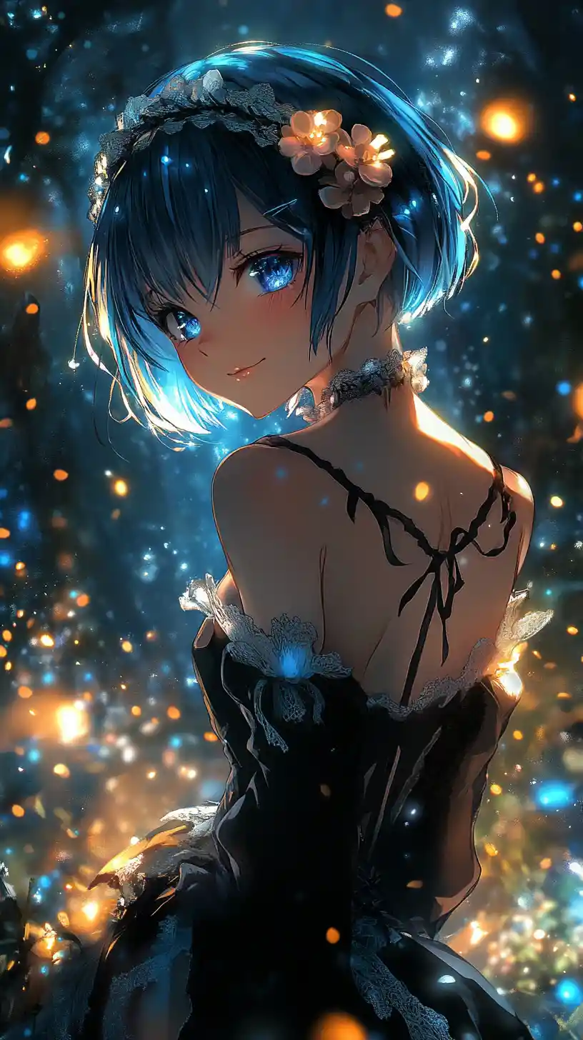 Anime maid girl in a glowing enchanted forest