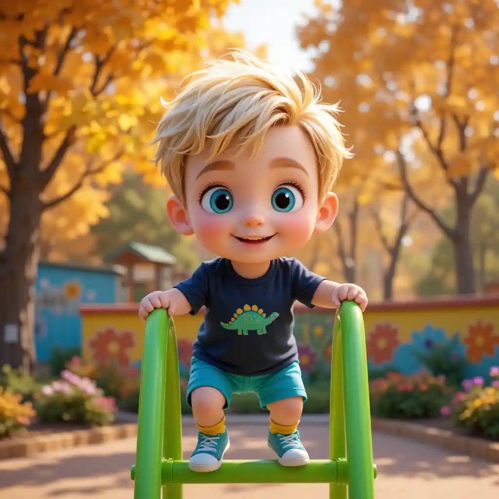 Smiling Toddler Climbing A Bright Green Playground Ladder