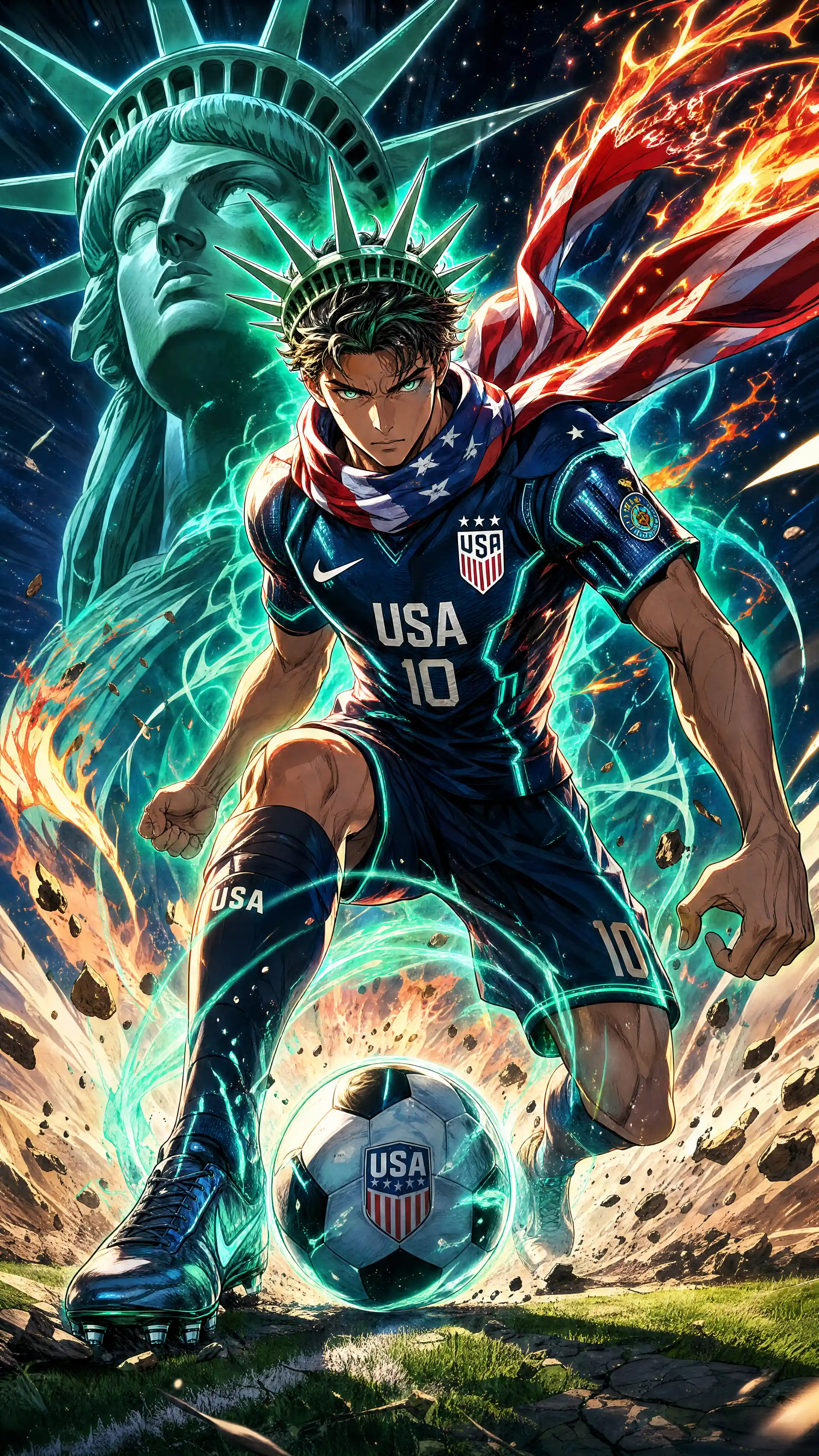Anime soccer hero in dynamic pose on cracked field