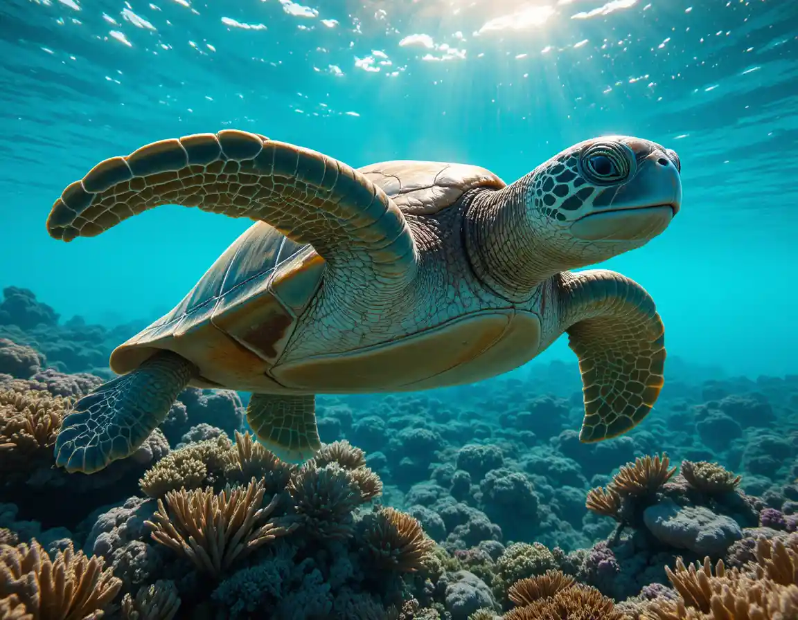 Sea turtle gliding above a sunlit coral reef