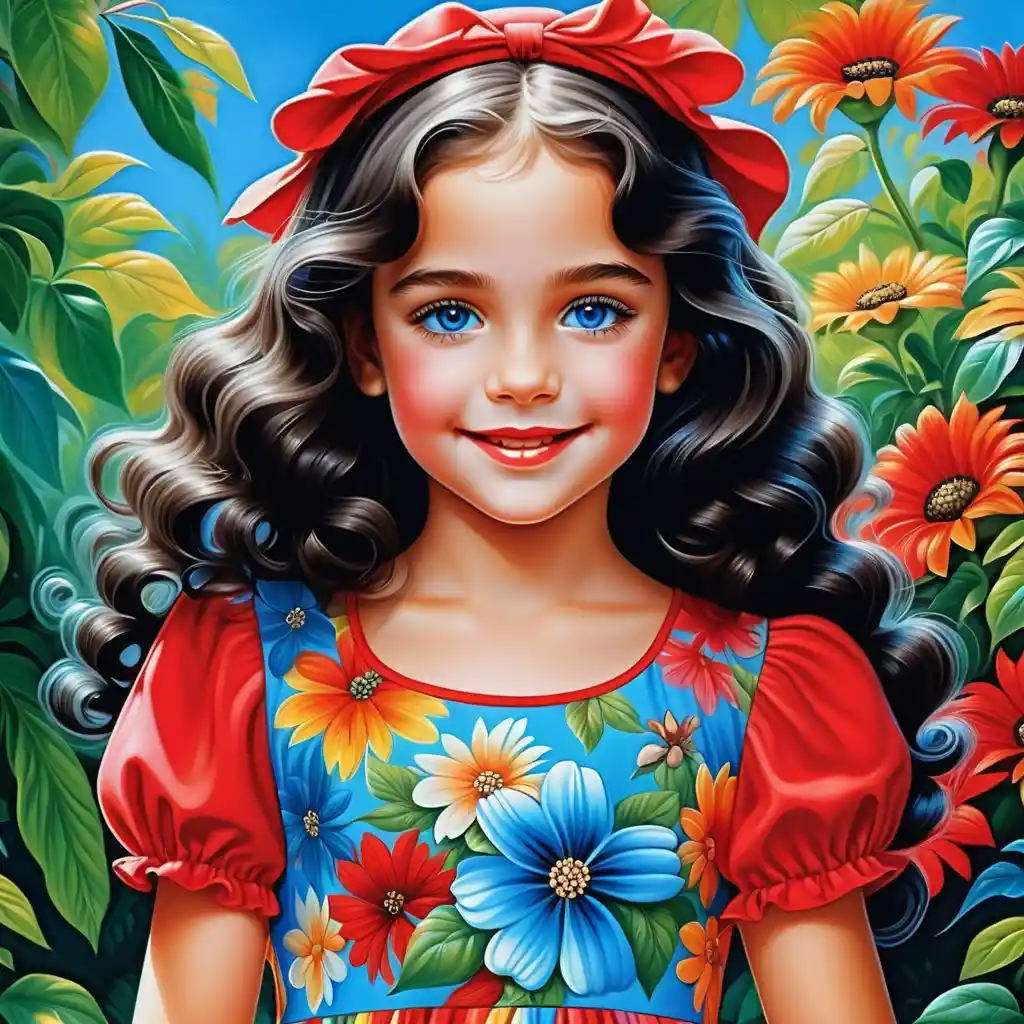 Smiling curly haired girl in red floral summer dress
