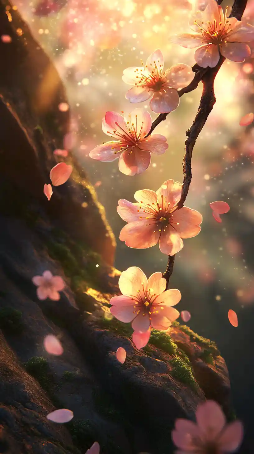 Cherry blossom branch glowing in an enchanted forest