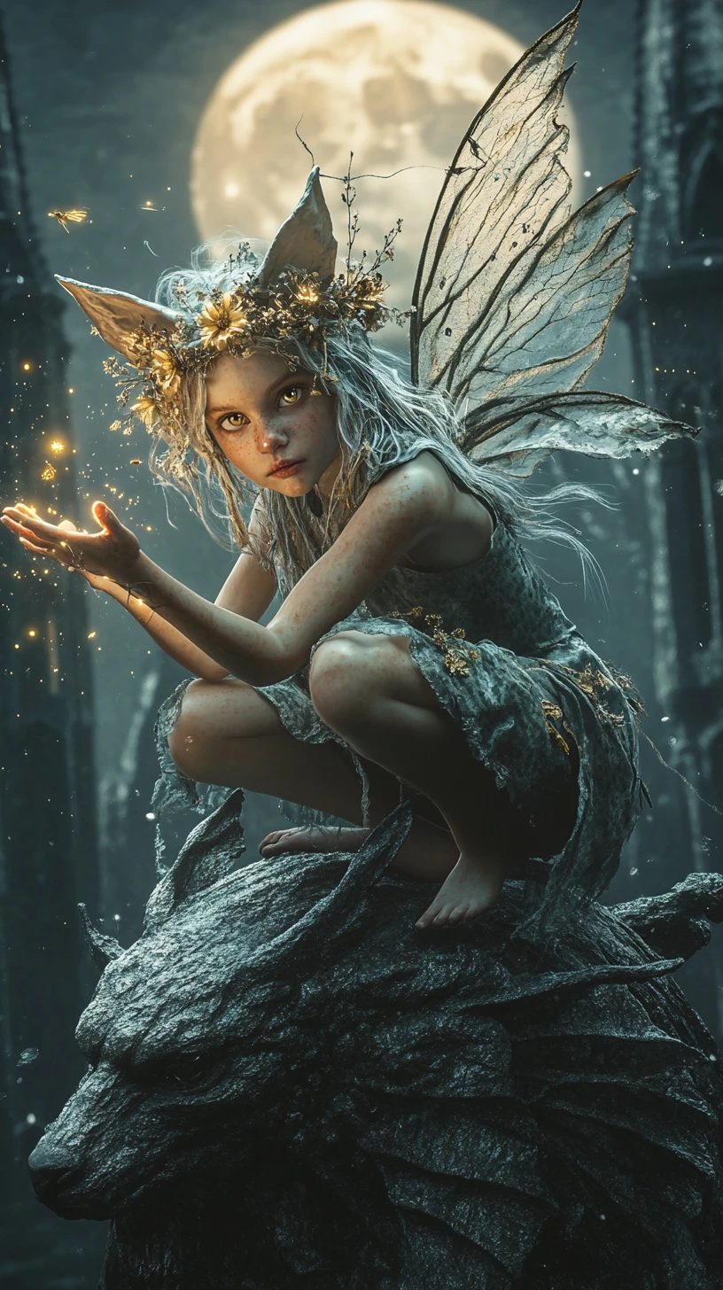 Mischievous fairy on gargoyle under a glowing moon