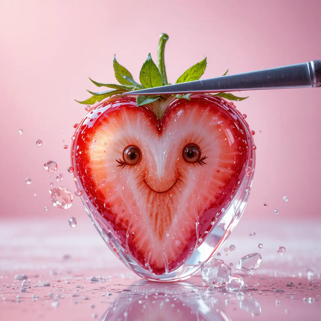 Fraise en cristal avec mignon petit visage souriant tranchée