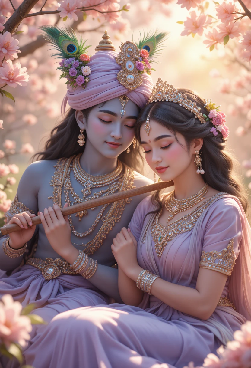 Romantic anime portrait of Krishna and Radha in spring garden