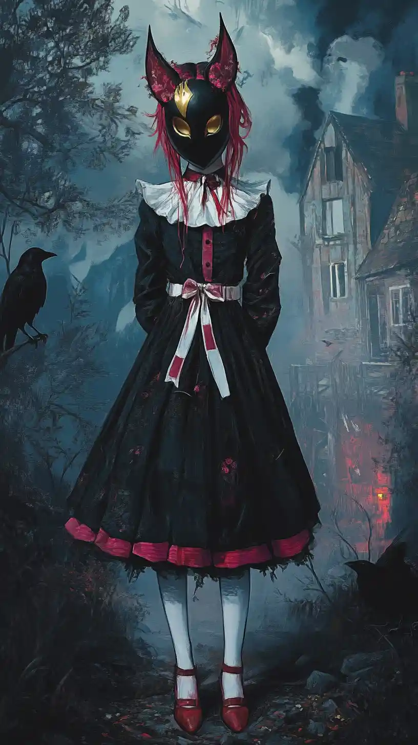 Masked anime girl in dark fantasy dreamlike landscape