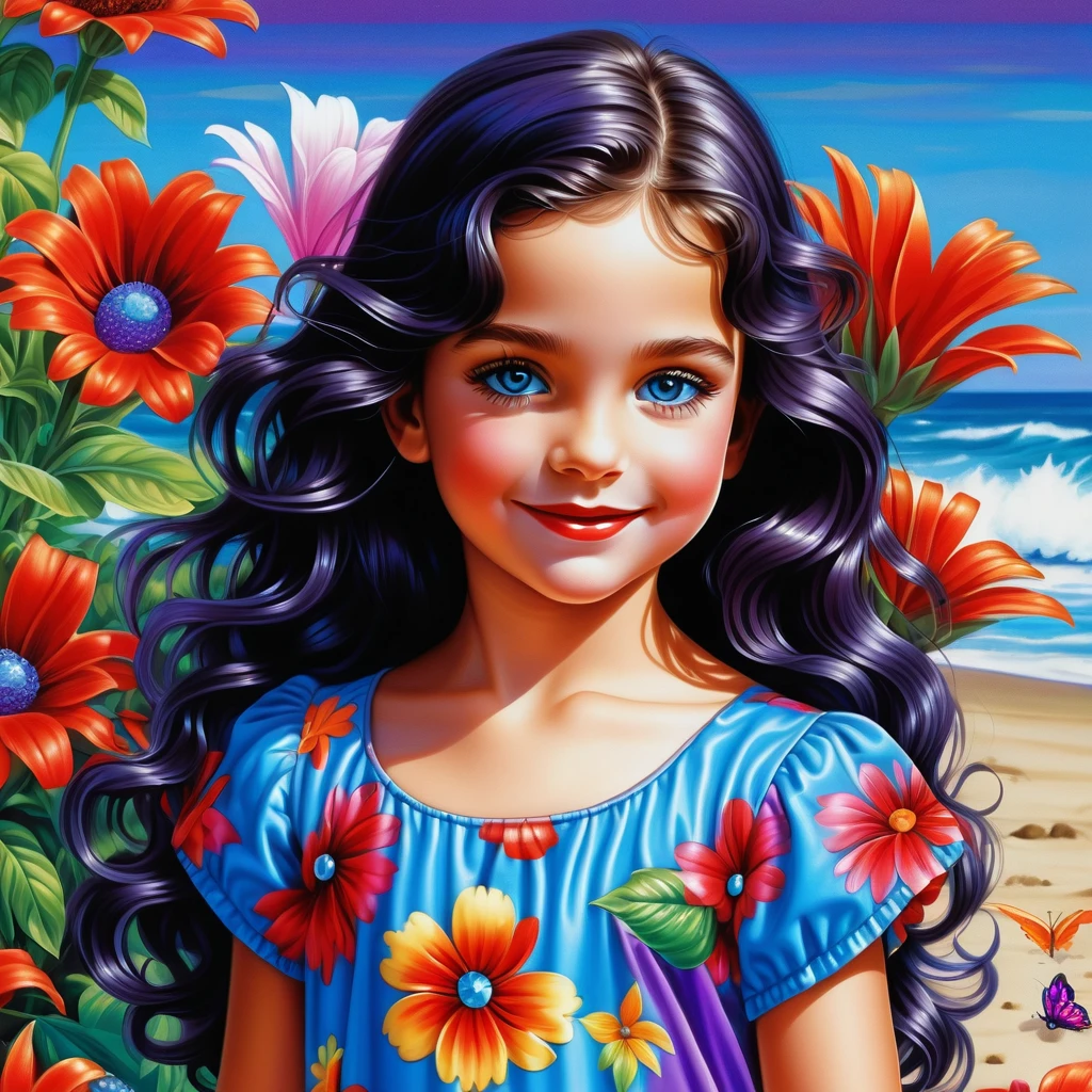 Smiling curly haired girl in violet floral summer dress