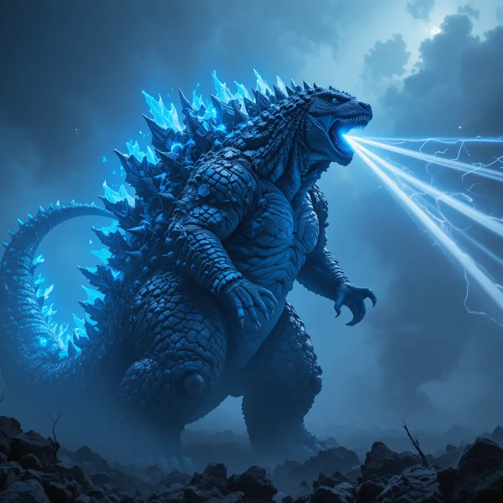 Giant monster unleashing powerful blue energy beam